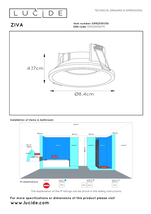 Lucide ZIVA - Inbouwspot Badkamer - Ø 8,4 cm - 1xGU10 - IP44 - Zwart - technisch